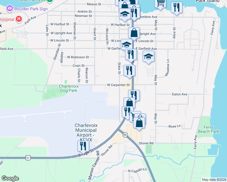map of restaurants, bars, coffee shops, grocery stores, and more near 200-230 W Carpenter Ave in Charlevoix