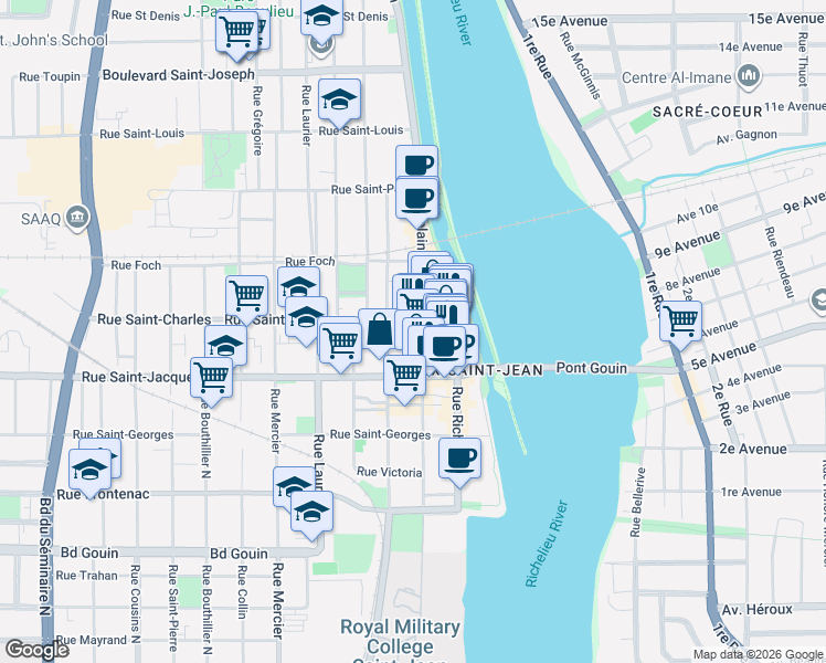 map of restaurants, bars, coffee shops, grocery stores, and more near 238 Rue Champlain in Saint-Jean-sur-Richelieu