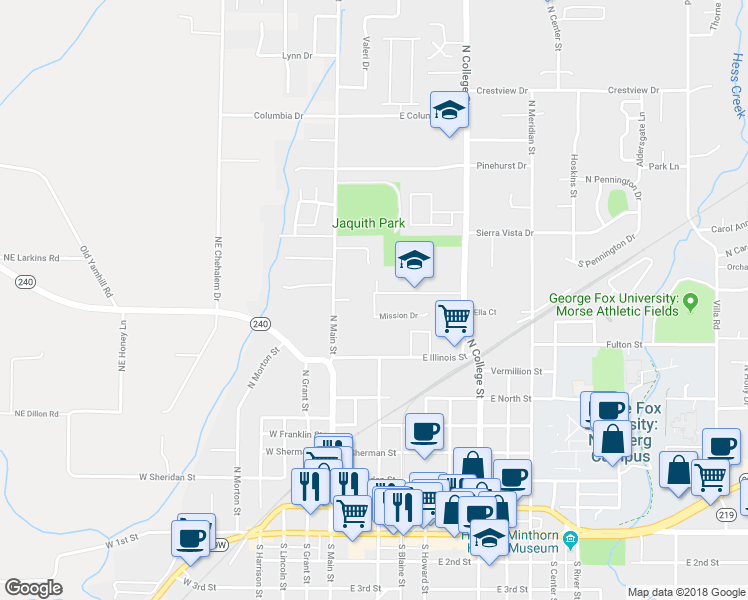 map of restaurants, bars, coffee shops, grocery stores, and more near 415 Rentfro Way in Newberg