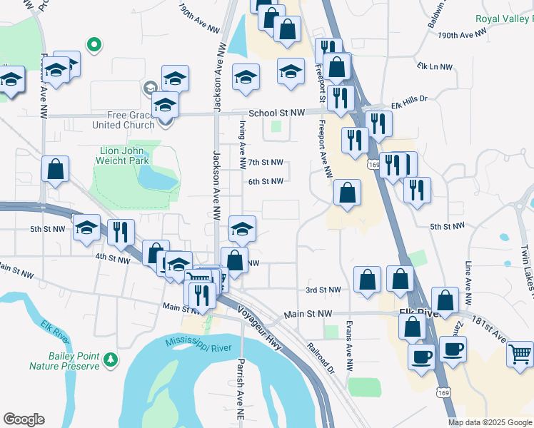map of restaurants, bars, coffee shops, grocery stores, and more near 544 5th Street Northwest in Elk River