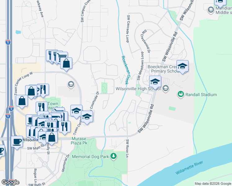 map of restaurants, bars, coffee shops, grocery stores, and more near 7532 Southwest Wimbledon Circle North in Wilsonville