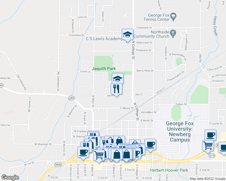 map of restaurants, bars, coffee shops, grocery stores, and more near 306 Mission Drive in Newberg