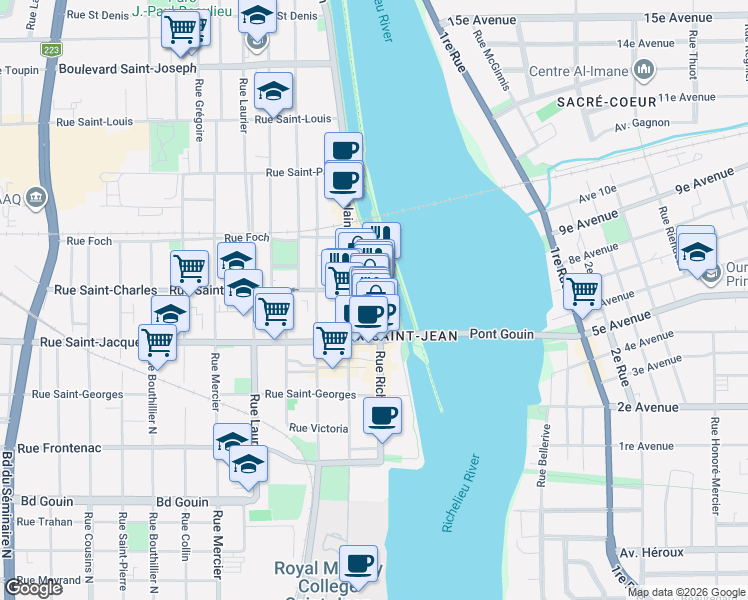 map of restaurants, bars, coffee shops, grocery stores, and more near 256 Rue Richelieu in Saint-Jean-sur-Richelieu