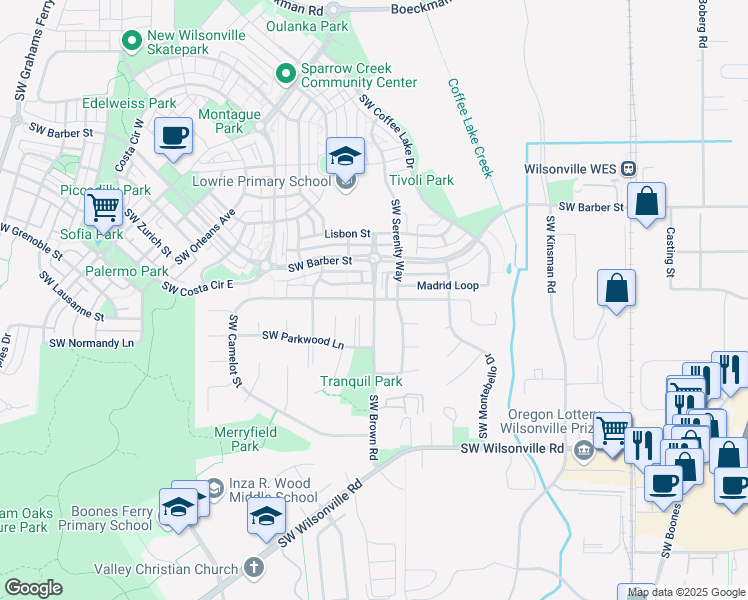 map of restaurants, bars, coffee shops, grocery stores, and more near 29400 Southwest Brown Road in Wilsonville