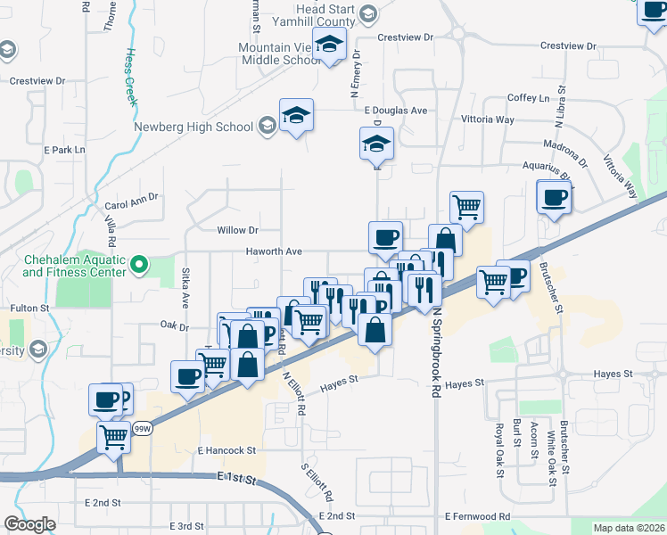 map of restaurants, bars, coffee shops, grocery stores, and more near 2703 Walnut Avenue in Newberg