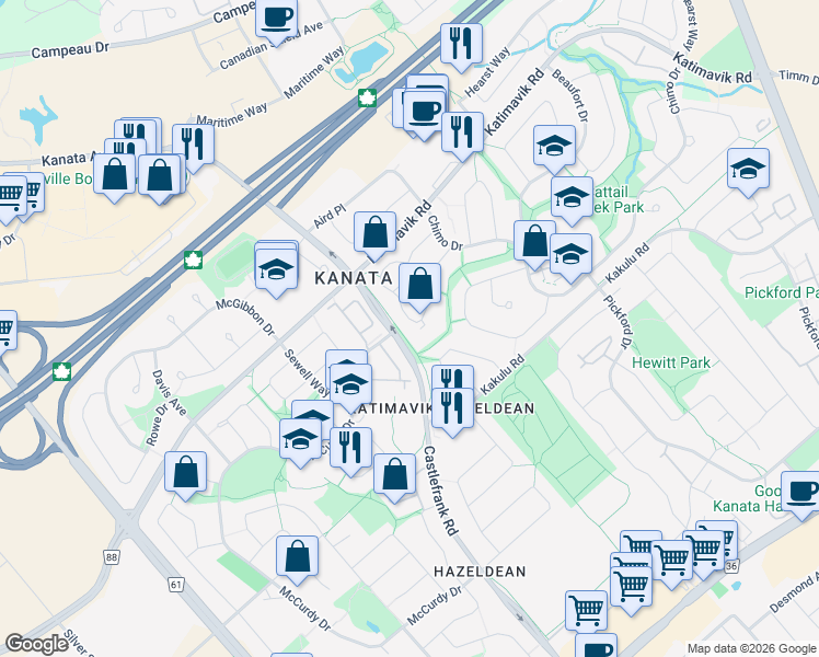 map of restaurants, bars, coffee shops, grocery stores, and more near 108 McClintock Way in Ottawa