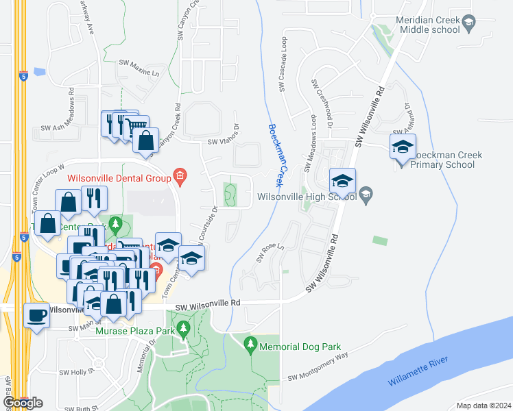 map of restaurants, bars, coffee shops, grocery stores, and more near 7532 Southwest Wimbledon Circle South in Wilsonville