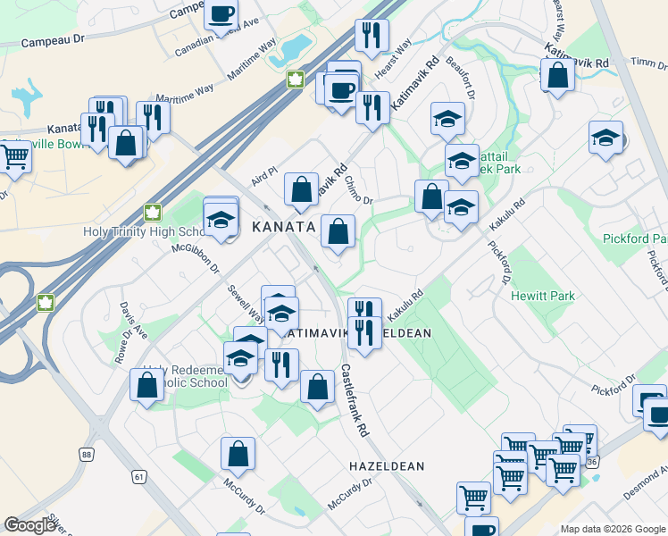 map of restaurants, bars, coffee shops, grocery stores, and more near 120 McClintock Way in Ottawa