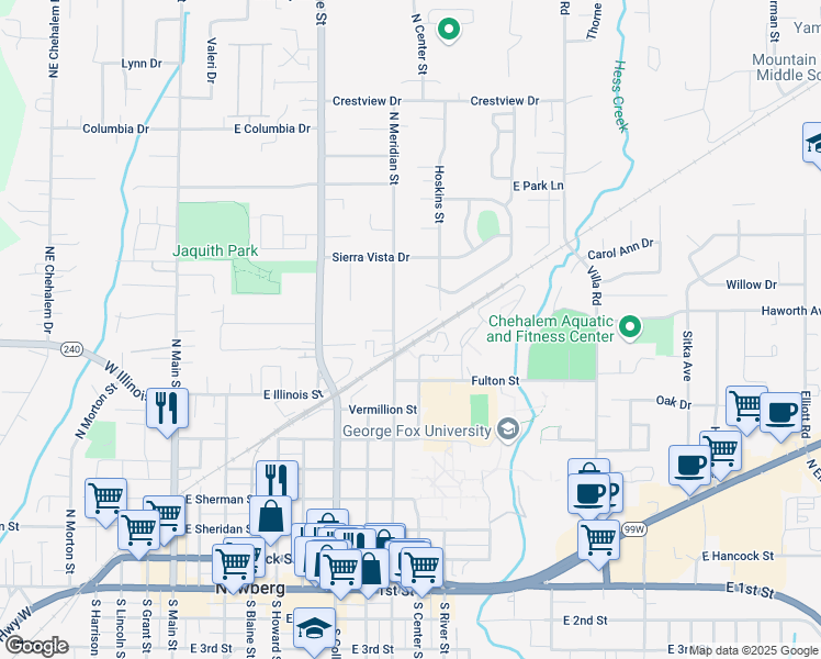 map of restaurants, bars, coffee shops, grocery stores, and more near 1100 North Meridian Street in Newberg