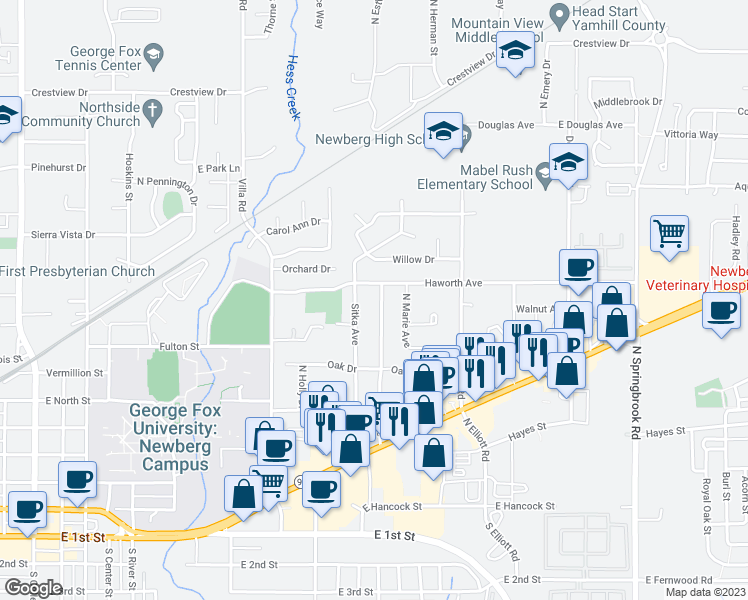 map of restaurants, bars, coffee shops, grocery stores, and more near 1009 Hulet Ln in Newberg