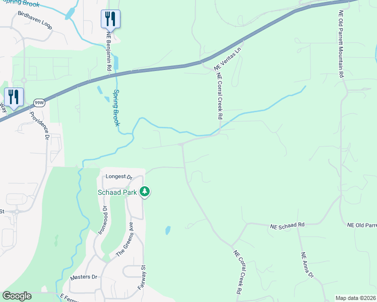 map of restaurants, bars, coffee shops, grocery stores, and more near 31339 Northeast Corral Creek Road in Newberg