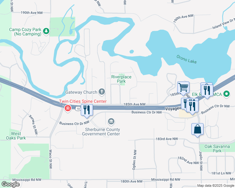 map of restaurants, bars, coffee shops, grocery stores, and more near 18556 Pascal Drive Northwest in Elk River