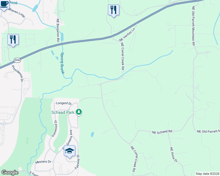 map of restaurants, bars, coffee shops, grocery stores, and more near 31339 Northeast Corral Creek Road in Newberg