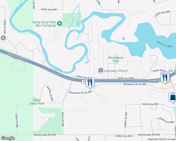 map of restaurants, bars, coffee shops, grocery stores, and more near 18554 Troy Street Northwest in Elk River