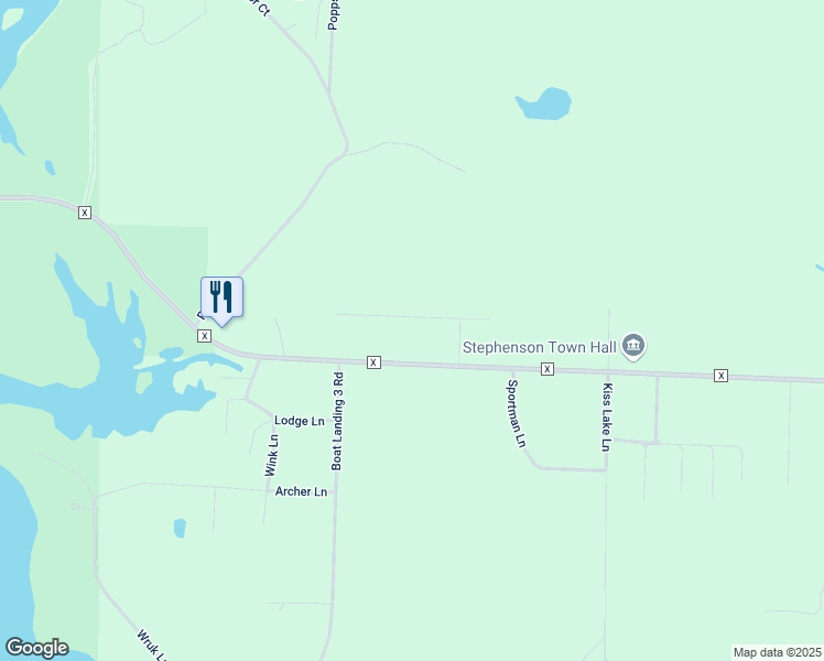 map of restaurants, bars, coffee shops, grocery stores, and more near W11453 1st Street in Crivitz