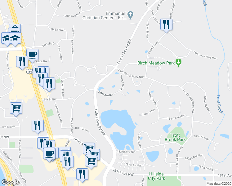 map of restaurants, bars, coffee shops, grocery stores, and more near 10932 185th Avenue Northwest in Elk River