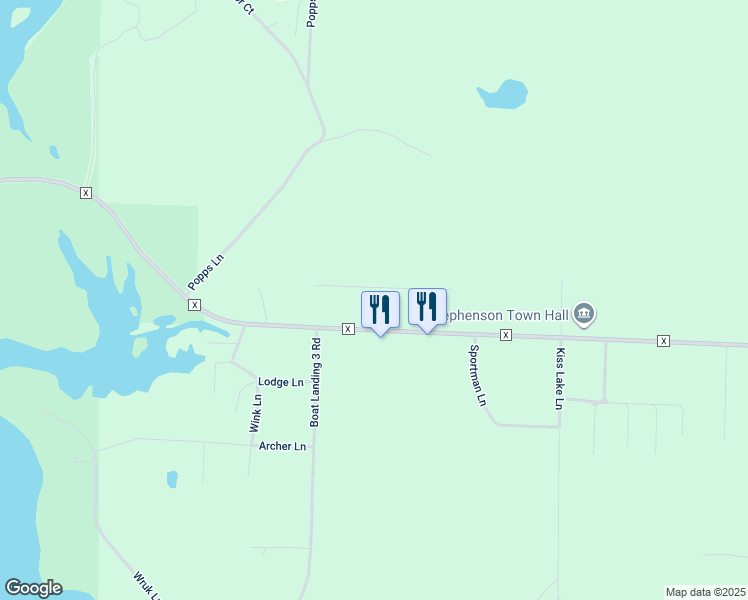map of restaurants, bars, coffee shops, grocery stores, and more near W11453 1st Street in Crivitz