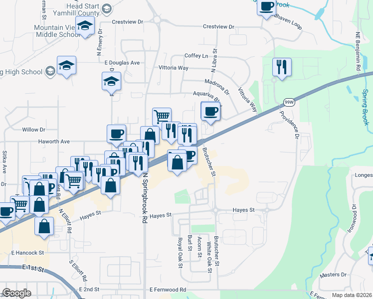 map of restaurants, bars, coffee shops, grocery stores, and more near 3420 Portland Rd in Newberg