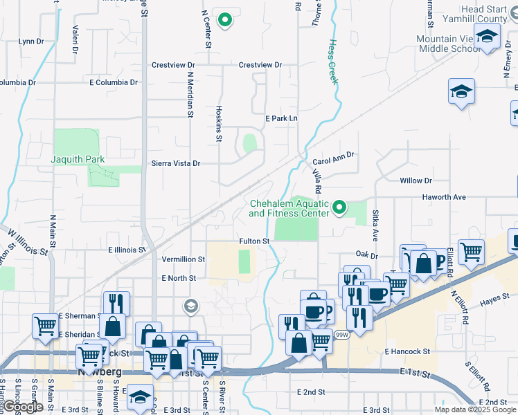 map of restaurants, bars, coffee shops, grocery stores, and more near 1301 Fulton St in Newberg