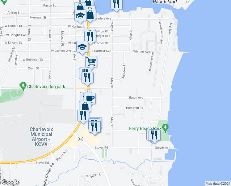 map of restaurants, bars, coffee shops, grocery stores, and more near 901-999 May Street in Charlevoix