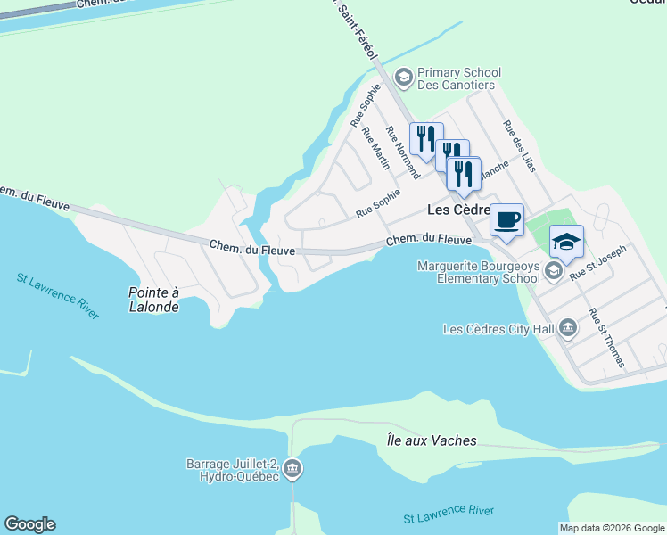 map of restaurants, bars, coffee shops, grocery stores, and more near 1345 Rue Hungaria in Les Cèdres