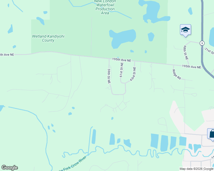 map of restaurants, bars, coffee shops, grocery stores, and more near 19252 59th Street Northeast in New London