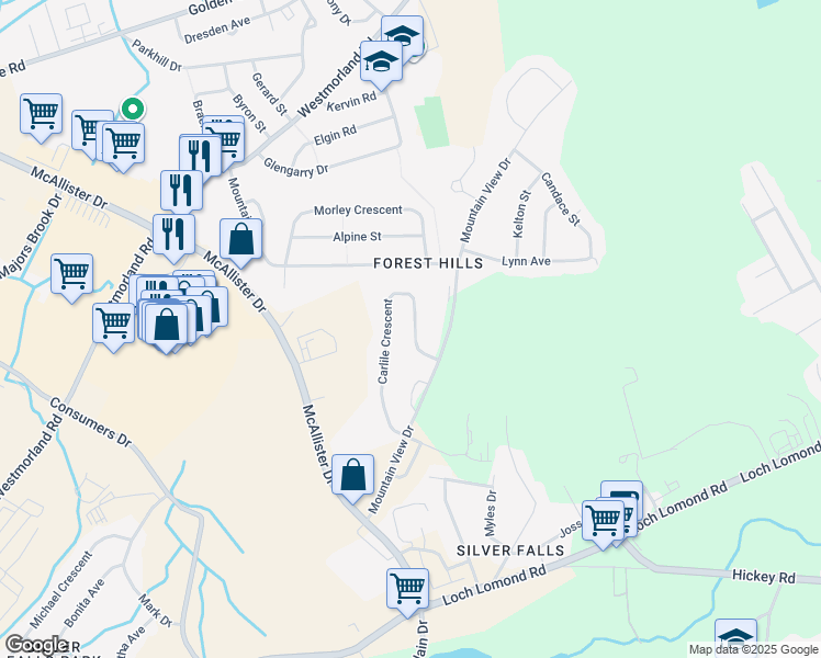 map of restaurants, bars, coffee shops, grocery stores, and more near 23 Carlile Crescent in Saint John