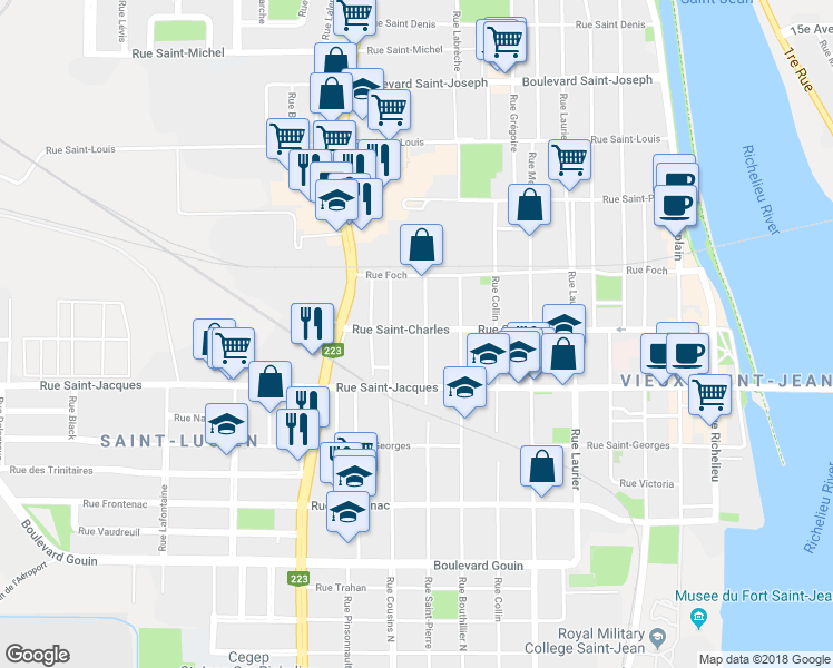 map of restaurants, bars, coffee shops, grocery stores, and more near 280 Rue Saint-Charles in Saint-Jean-sur-Richelieu