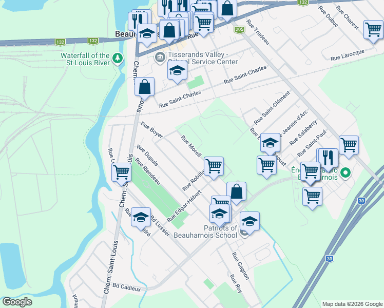 map of restaurants, bars, coffee shops, grocery stores, and more near 38 Rue Morell in Beauharnois