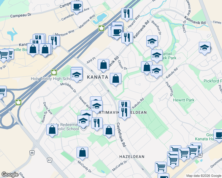 map of restaurants, bars, coffee shops, grocery stores, and more near 100 McClintock Way in Ottawa