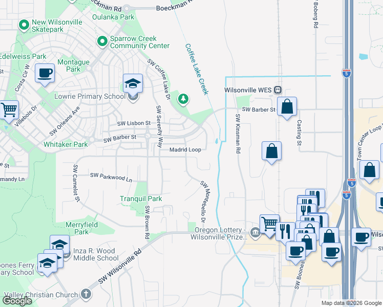 map of restaurants, bars, coffee shops, grocery stores, and more near 10282 Madrid Loop in Wilsonville