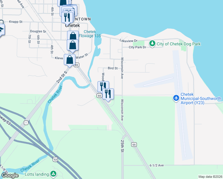 map of restaurants, bars, coffee shops, grocery stores, and more near 275 Nielsen Lane in Chetek