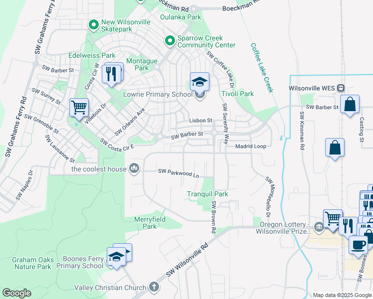 map of restaurants, bars, coffee shops, grocery stores, and more near 29370 Yosemite Way in Wilsonville
