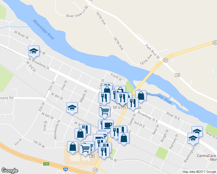 map of restaurants, bars, coffee shops, grocery stores, and more near 103 Locust Street in Monticello