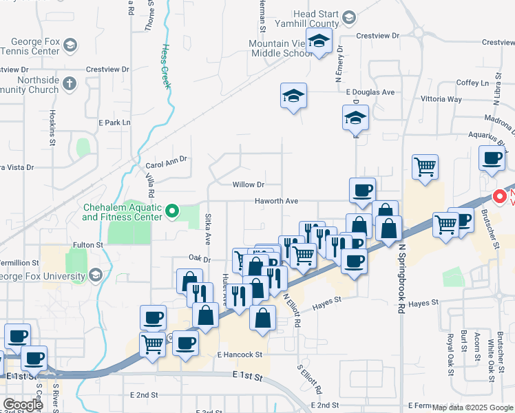 map of restaurants, bars, coffee shops, grocery stores, and more near 2304 Haworth Avenue in Newberg