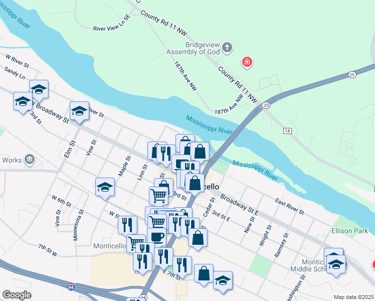 map of restaurants, bars, coffee shops, grocery stores, and more near 200 River Street West in Monticello
