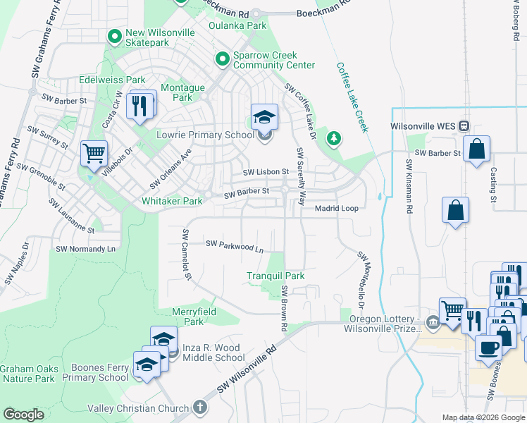 map of restaurants, bars, coffee shops, grocery stores, and more near 10680 Southwest London Lane in Wilsonville