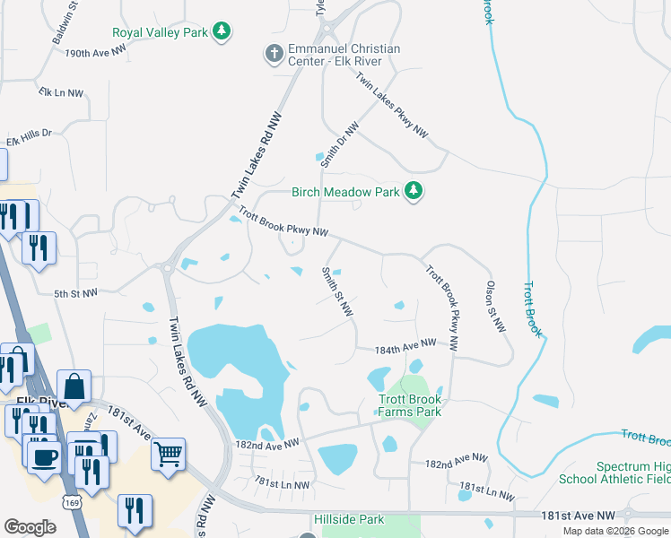 map of restaurants, bars, coffee shops, grocery stores, and more near 18536 Smith Street Northwest in Elk River