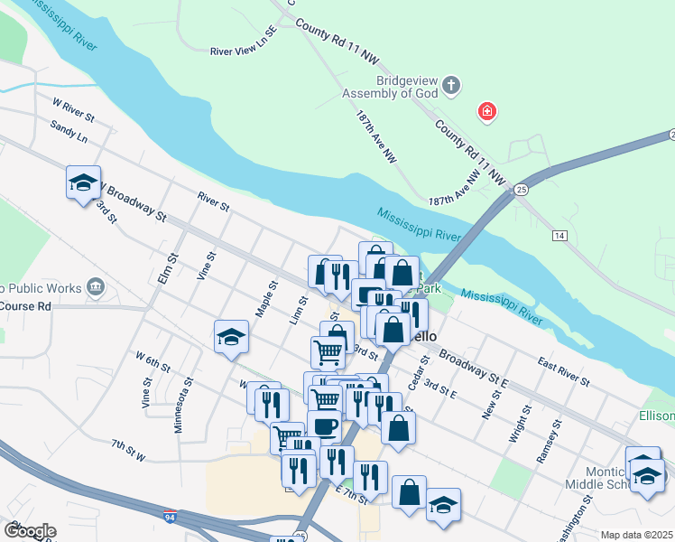 map of restaurants, bars, coffee shops, grocery stores, and more near 103 Locust Street in Monticello
