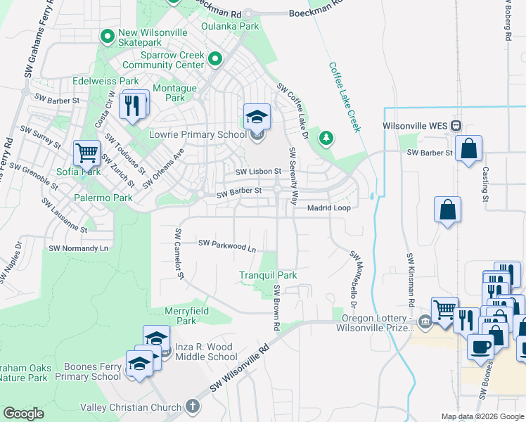 map of restaurants, bars, coffee shops, grocery stores, and more near 10680 Southwest London Lane in Wilsonville