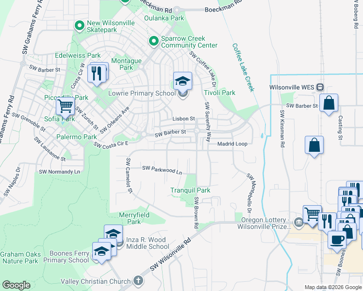 map of restaurants, bars, coffee shops, grocery stores, and more near 10724 Southwest London Lane in Wilsonville