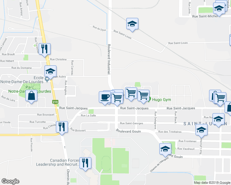 map of restaurants, bars, coffee shops, grocery stores, and more near 245 Boulevard Industriel in Saint-Jean-sur-Richelieu