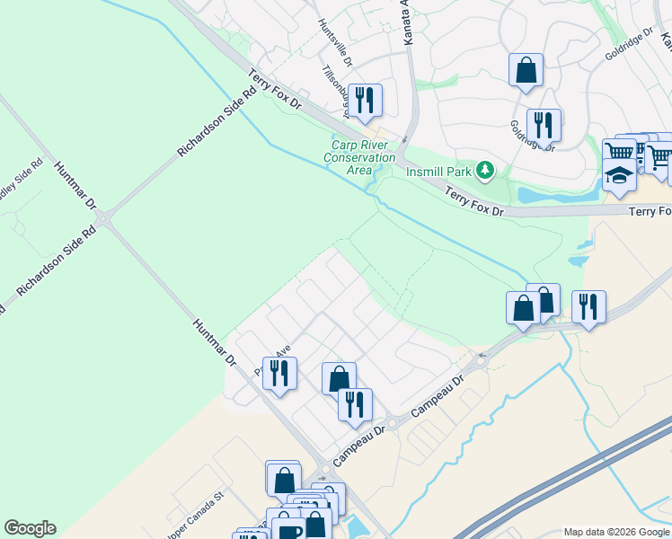 map of restaurants, bars, coffee shops, grocery stores, and more near 90 Coco Place in Ottawa