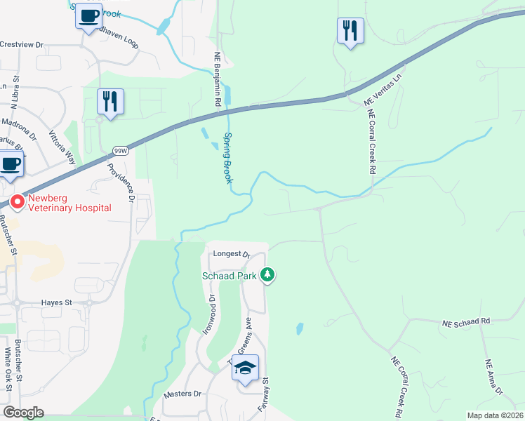 map of restaurants, bars, coffee shops, grocery stores, and more near 30365 NE Trails End Ln in Newberg