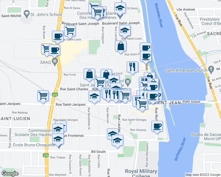 map of restaurants, bars, coffee shops, grocery stores, and more near 165 Rue Saint Charles in Saint-Jean-sur-Richelieu