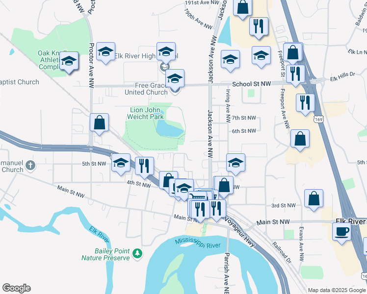 map of restaurants, bars, coffee shops, grocery stores, and more near 905 6th Street Northwest in Elk River