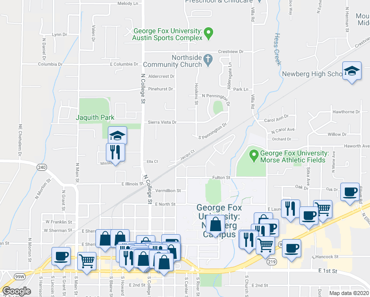 map of restaurants, bars, coffee shops, grocery stores, and more near 1100 North Meridian Street in Newberg