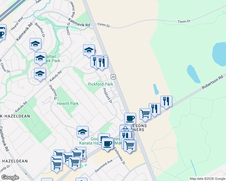 map of restaurants, bars, coffee shops, grocery stores, and more near 193 Pickford Drive in Ottawa