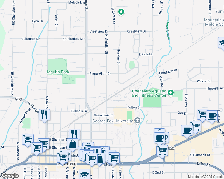 map of restaurants, bars, coffee shops, grocery stores, and more near 1100 North Meridian Street in Newberg