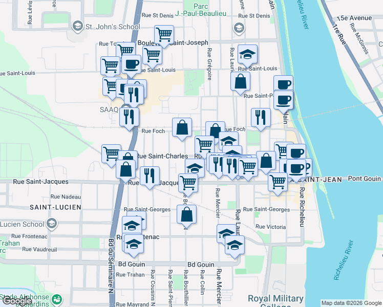 map of restaurants, bars, coffee shops, grocery stores, and more near 221 Rue Saint-Charles in Saint-Jean-sur-Richelieu